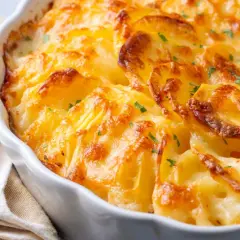 Patatas gratinadas con queso cremoso y trocitos de bacon crujiente, un plato reconfortante y delicioso.
