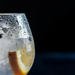 Copa de ginebra con hielo, limón y bayas de enebro. El exceso de alcohol puede tener ginebra efectos negativos.