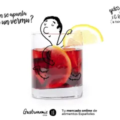 Un vaso de vermut con rodajas de naranja y limón. Un dibujo animado invita a tomar un vermut. ¡Gastos de envío gratis a toda Europa!