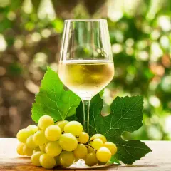 Copa de vino verdejo, con racimo de uvas blancas y hojas de parra. El vino verdejo de donde es, se siente en la frescura.