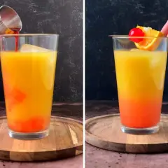 Un cóctel **tequila sunrise** con capas de naranja y rojo, decorado con una rodaja de naranja y una cereza.