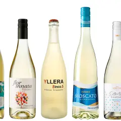 Seis botellas de vino blanco, algunas con etiquetas que indican que son frizzante, como Fragantia y Yllera Cinco.5.