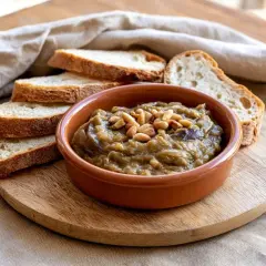 Deliciosa morcilla de verano, un paté de berenjenas cremoso con piñones, servido con rebanadas de pan rústico.