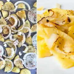 Patatas panaderas listas para hornear, cortadas y sazonadas, junto a una porción ya cocinada y dorada.