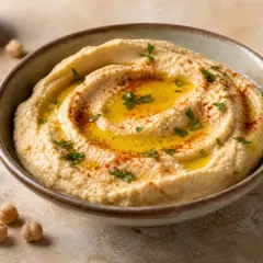Hummus sin tahini cremoso, con aceite de oliva, pimentón y perejil picado. Garbanzos alrededor.