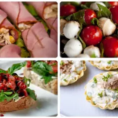 Un delicioso picoteo frío para cumpleaños: rollitos de jamón, brochetas caprese, bruschettas y tartaletas rellenas. ¡Un festín visual!