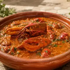 Caldereta de langosta servida en cazuela de barro, con trozos de langosta, arroz y perejil picado.