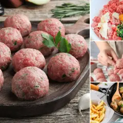 Albondigas con tomate listas para cocinar. Carne picada, huevo y perejil en un bol. Manos formando albóndigas. Sartén con albóndigas cocinadas.