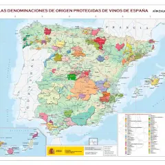 Mapa de las zonas vinícolas de España, mostrando las Denominaciones de Origen Protegidas de vinos. Incluye la península, Baleares y Canarias.