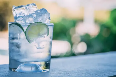 Refrescante gin tonic con hielo y rodajas de lima. Ideal para disfrutar sin preocuparse por las calorías.