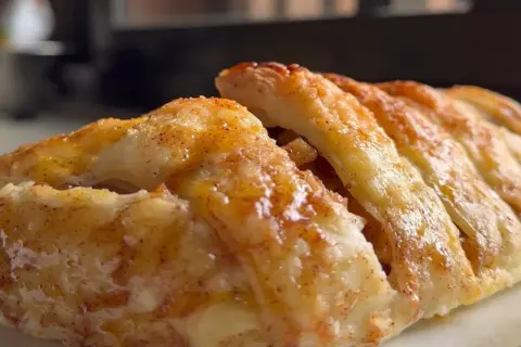 Delicioso strudel de manzana, con masa dorada y crujiente, espolvoreado con canela.