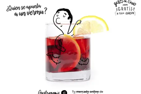 Un vaso de vermut con rodajas de naranja y limón. Un dibujo animado invita a tomar un vermut. ¡Gastos de envío gratis a toda Europa!
