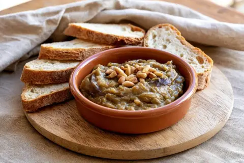 Deliciosa morcilla de verano, un paté de berenjenas cremoso con piñones, servido con rebanadas de pan rústico.