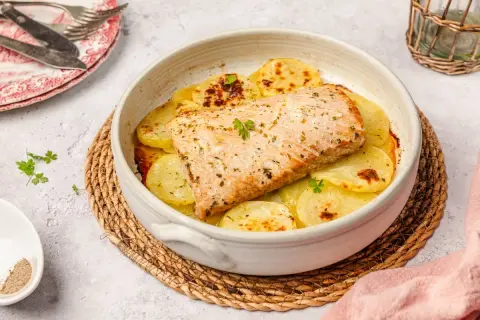 Deliciosa ventresca al horno con patatas doradas, un plato casero que invita a disfrutar.