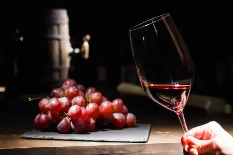 Copa de vino tinto con uvas rojas y un barril al fondo, evocando los taninos del vino.