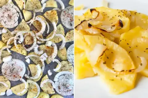 Patatas panaderas listas para hornear, cortadas y sazonadas, junto a una porción ya cocinada y dorada.