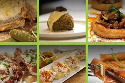Variedad de aperitivos baratos para mucha gente: sándwiches, croquetas, volovanes, montaditos y salmón ahumado.