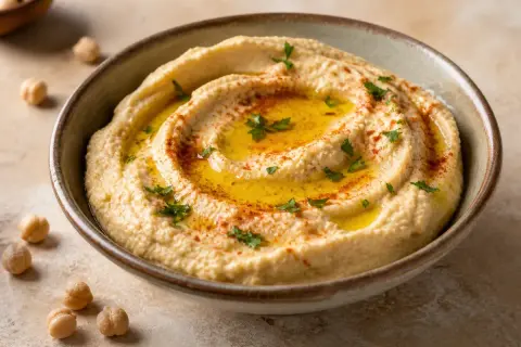 Hummus sin tahini cremoso, con aceite de oliva, pimentón y perejil picado. Garbanzos alrededor.