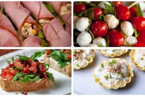 Un delicioso picoteo frío para cumpleaños: rollitos de jamón, brochetas caprese, bruschettas y tartaletas rellenas. ¡Un festín visual!