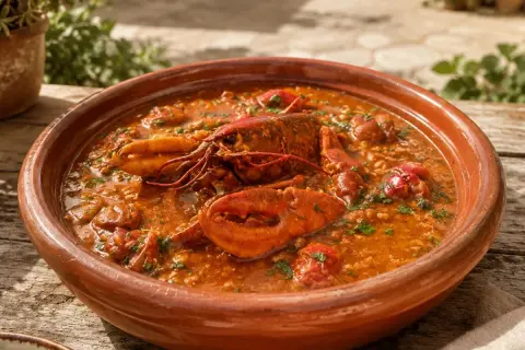 Caldereta de langosta servida en cazuela de barro, con trozos de langosta, arroz y perejil picado.