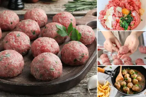 Albondigas con tomate listas para cocinar. Carne picada, huevo y perejil en un bol. Manos formando albóndigas. Sartén con albóndigas cocinadas.
