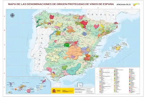 Mapa de las zonas vinícolas de España, mostrando las Denominaciones de Origen Protegidas de vinos. Incluye la península, Baleares y Canarias.