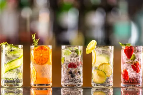 Cinco gin tonics refrescantes, cada uno con frutas y hierbas: pepino, naranja, frutos rojos, limón y fresas. ¡Una explosión de sabor!