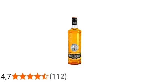 Botella de Puerto de Indias Mango, con su distintivo color ámbar. Ideal para cócteles refrescantes sin preocuparse por las calorías.