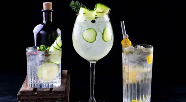 Tres refrescantes cócteles de ginebra, decorados con pepino y limón, junto a una botella de ginebra.