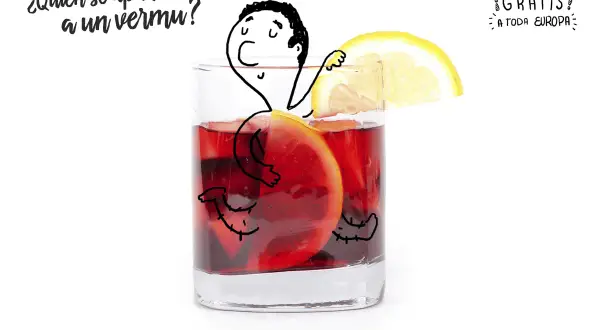 Un vaso de vermut con rodajas de naranja y limón. Un dibujo animado invita a tomar un vermut. ¡Gastos de envío gratis a toda Europa!