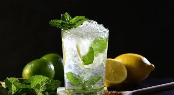Un refrescante mojito con hielo picado, menta y rodajas de limón. Ingredientes para una mojito receta perfecta.