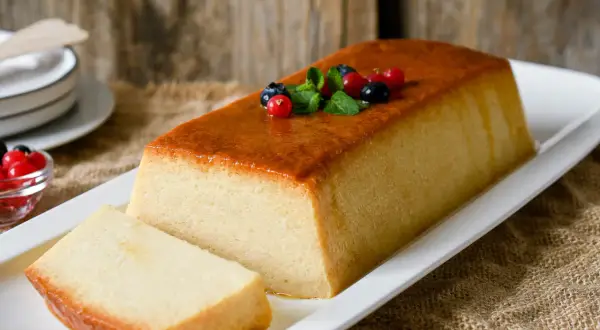 Delicioso pudin de pan casero, con una capa dorada y decorado con frutos rojos y menta. ¡Perfecto para compartir!