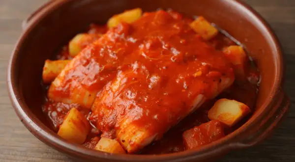Bacalao a la riojana, un plato tradicional con trozos de patata y pimiento en una salsa roja sabrosa, servido en cazuela de barro.