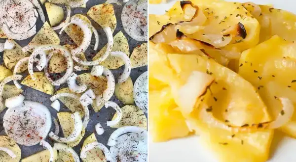 Patatas panaderas listas para hornear, cortadas y sazonadas, junto a una porción ya cocinada y dorada.