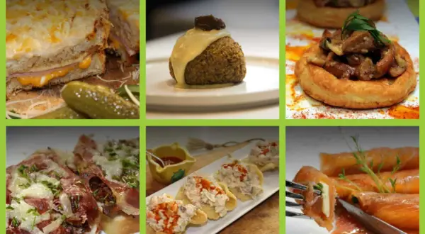 Variedad de aperitivos baratos para mucha gente: sándwiches, croquetas, volovanes, montaditos y salmón ahumado.