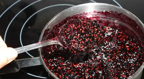 Cuchara llena de mermelada de moras casera, lista para disfrutar. Así se hace mermelada de moras.