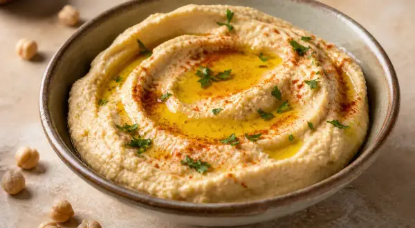 Hummus sin tahini cremoso, con aceite de oliva, pimentón y perejil picado. Garbanzos alrededor.
