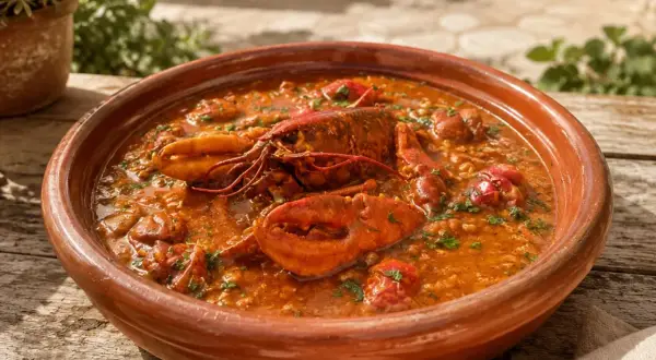 Caldereta de langosta servida en cazuela de barro, con trozos de langosta, arroz y perejil picado.