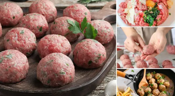 Albondigas con tomate listas para cocinar. Carne picada, huevo y perejil en un bol. Manos formando albóndigas. Sartén con albóndigas cocinadas.