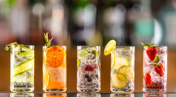 Cinco gin tonics refrescantes, cada uno con frutas y hierbas: pepino, naranja, frutos rojos, limón y fresas. ¡Una explosión de sabor!