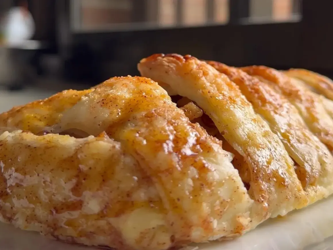 Delicioso strudel de manzana, con masa dorada y crujiente, espolvoreado con canela.