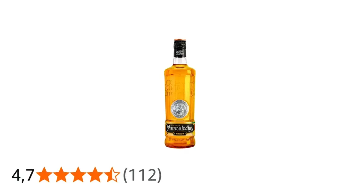 Botella de Puerto de Indias Mango, con su distintivo color ámbar. Ideal para cócteles refrescantes sin preocuparse por las calorías.
