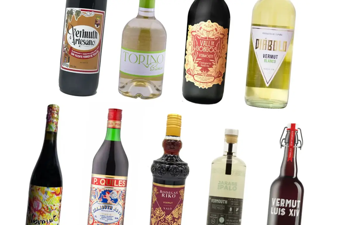 Varias botellas de vermut, mostrando la diversidad de qué es el vermut en España: rojo, blanco y artesano.