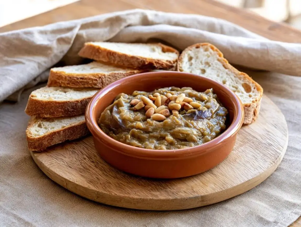 Deliciosa morcilla de verano, un paté de berenjenas cremoso con piñones, servido con rebanadas de pan rústico.