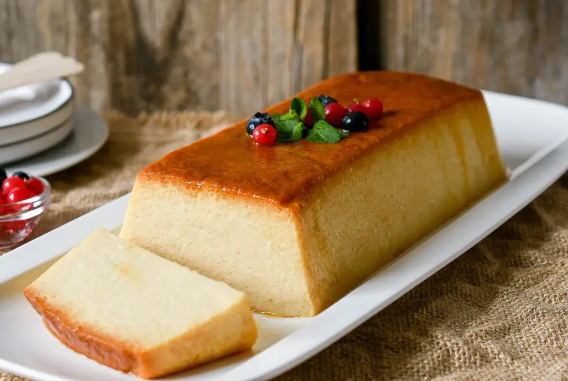 Delicioso pudin de pan casero, con una capa dorada y decorado con frutos rojos y menta. ¡Perfecto para compartir!