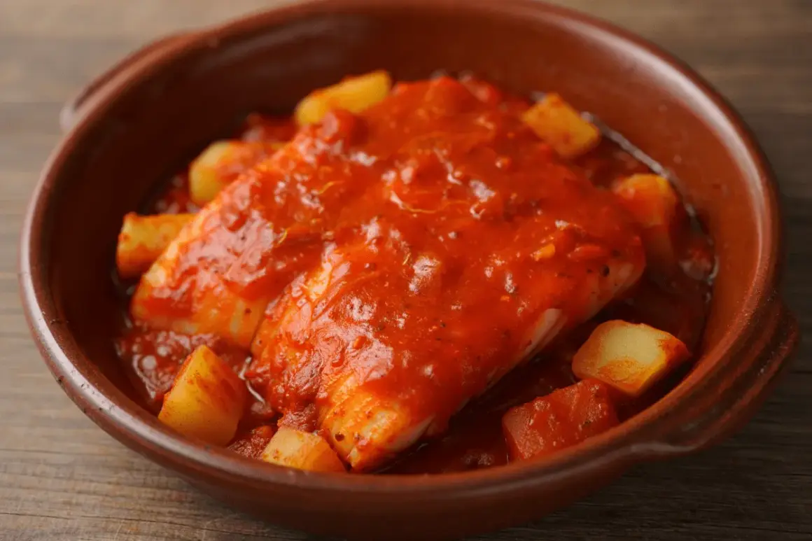Bacalao a la riojana, un plato tradicional con trozos de patata y pimiento en una salsa roja sabrosa, servido en cazuela de barro.