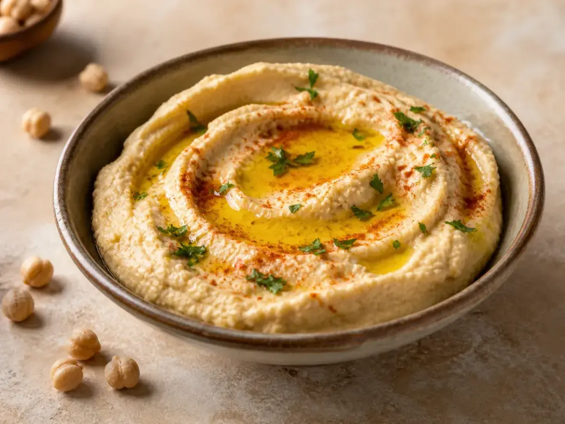 Hummus sin tahini cremoso, con aceite de oliva, pimentón y perejil picado. Garbanzos alrededor.