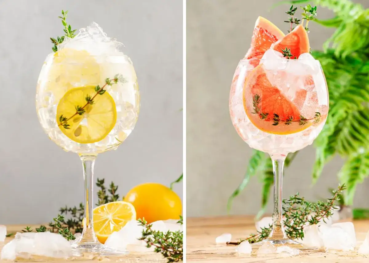 Dos refrescantes gin tonics, uno con lim&oacute;n y otro con pomelo, adornados con tomillo y hielo. &iexcl;Perfectos para disfrutar!