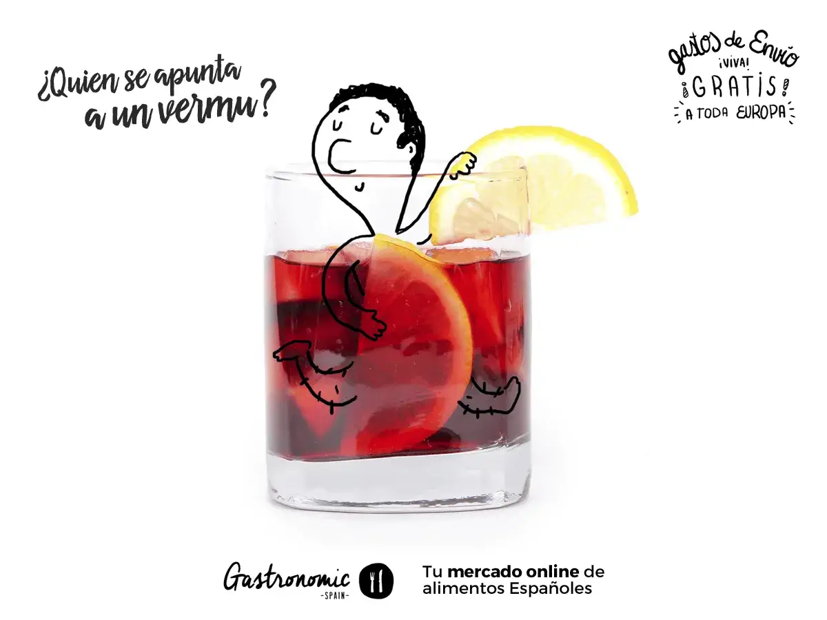 Un personaje animado se asoma desde un vaso de vermut, invitando a disfrutar de esta bebida. ¡El vermut vs vermouth es un clásico!