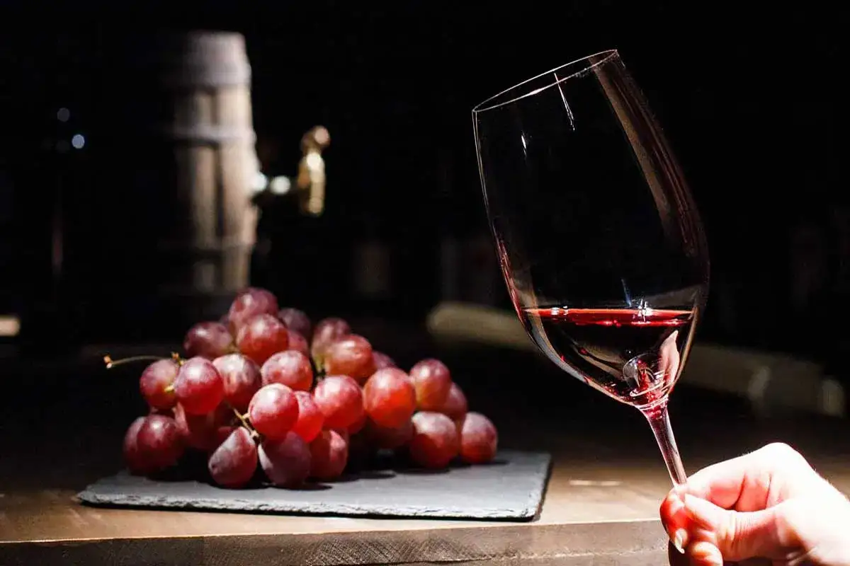 Copa de vino tinto junto a uvas. ¿El vino tinto es laxante o astringente?